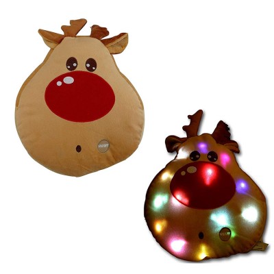 E560 Festive Winter Holiday Christmas Red Reindeer Decorative Pillows with LED Light Brown Soft Plush Moose Pillow Led